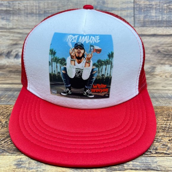 Post Malone Mens Trucker Hat Red Snapback White Iverson Album Cover Hip Hop Cap - Picture 1 of 7